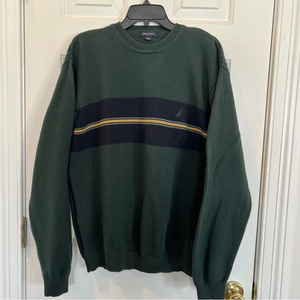 Nautica Men's Crewneck Sweater in Green with Navy and Gold Stripe